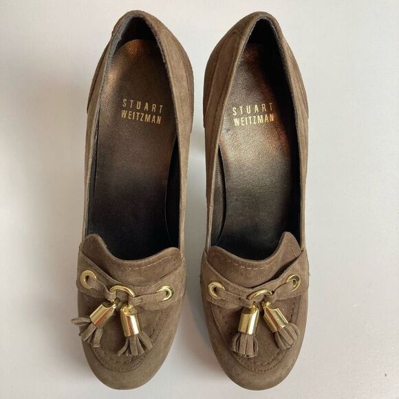 Stuart Weitzman Brown Taupe Suede Pumps Tassup Platform Heels with Tassel sz 5.5 - Picture 2 of 8